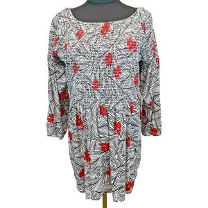 J Jill Women's Smocked Tropical Top Size L Floral Travel Mature Vacation Stretch